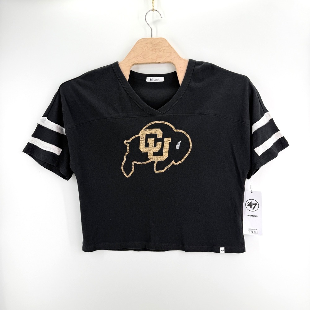 '47 Brand Colorado Buffaloes T-Shirt Large 100% Cotton Black Cropped V-Neck Tee